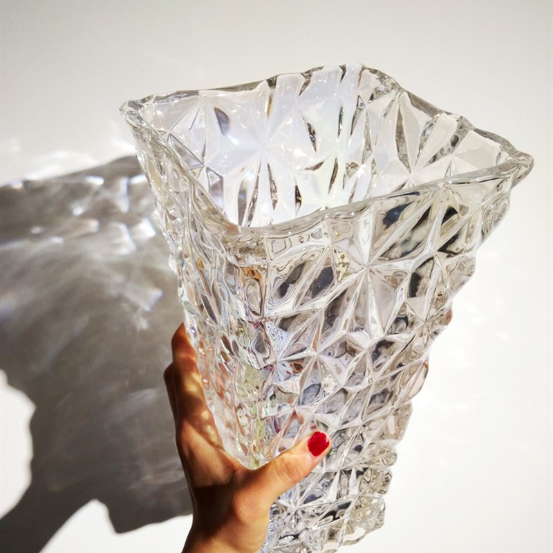加厚加重不规则四方大冰河凹凸冰纹婚礼插干鲜花竹子水晶玻璃花瓶