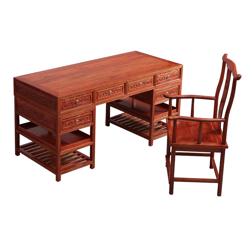 草龙办公桌实木榆木书桌中式大班台中医诊桌写字台书法桌仿古明清