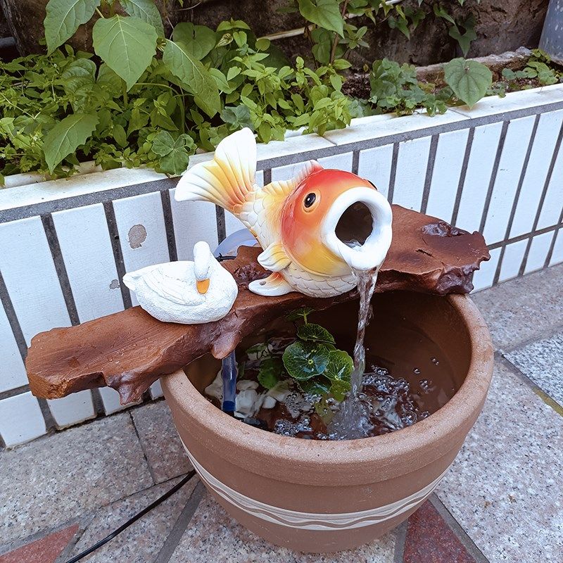 生态鱼缸鲤鱼流水造景古法养鱼动物流水口循环过滤增氧气水缸摆件