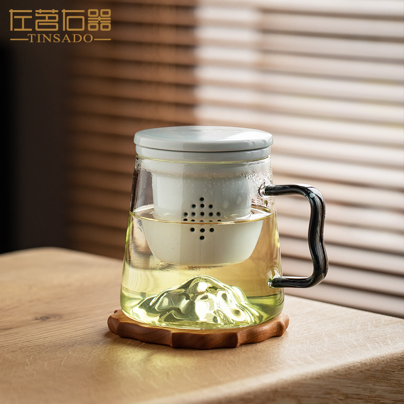 左茗右器耐热玻璃杯个人专用带盖茶杯会议办公杯陶瓷内胆过滤水杯