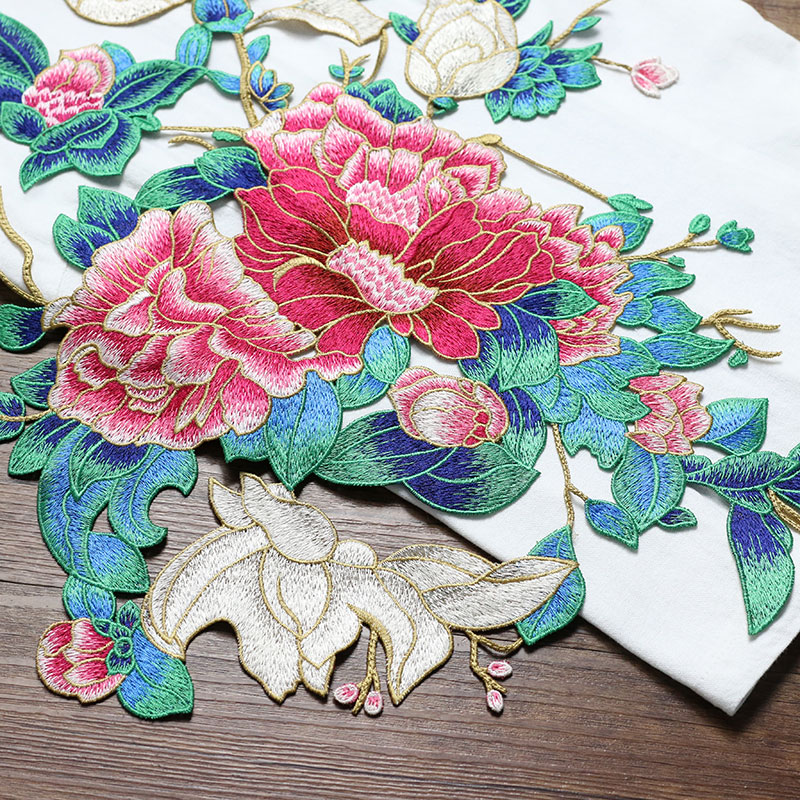 玉兰牡丹花鸟刺绣布贴超大号婚纱礼服马来褂装饰补丁贴花无胶缝制