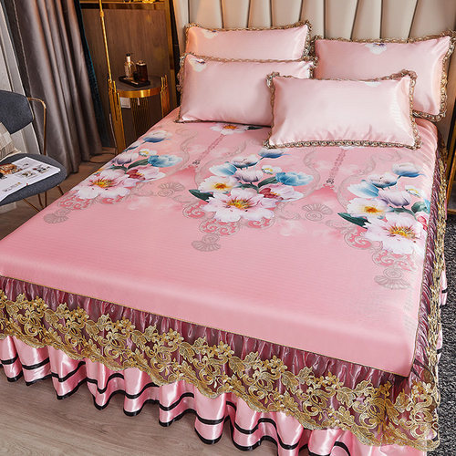 夏季冰丝凉席可水洗床裙款折叠夏天1.8m床罩双人空调软席子三件套