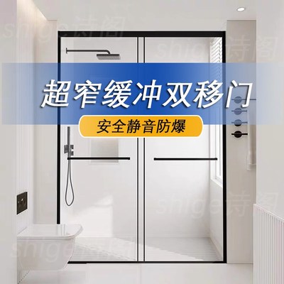 淋浴房双移门一字型推拉缓冲卫生间干湿分离玻璃隔断浴室无障碍窄