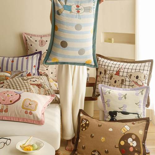 韩式全棉色织提花四层纱布纽扣款防滑枕套一对装宿舍家用换洗枕套