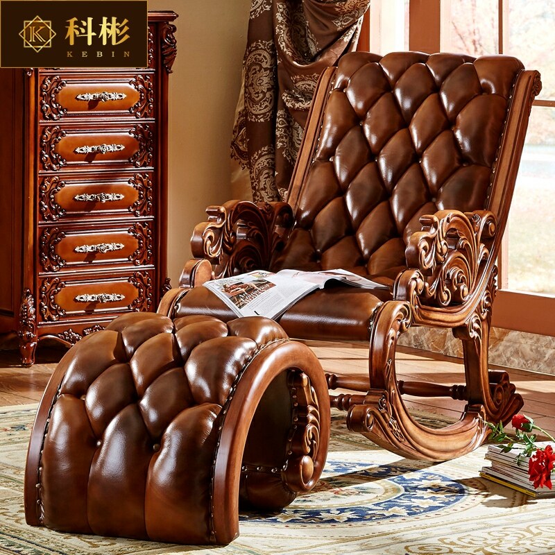 欧式摇椅美式卧室真皮全实木沙发躺椅睡椅阳台休闲椅家用逍遥椅