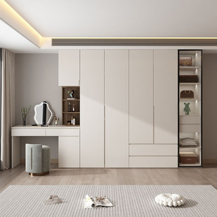 奶油风书桌衣柜一体组合梳妆台卧室家用小户型多功能储物衣橱定制