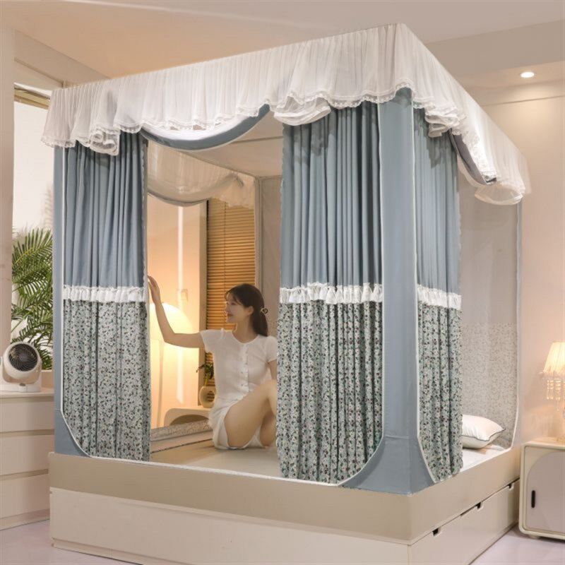 新款韩式防摔坐床布帘回底遮光蚊帐三开门宫廷防尘顶卧室家用床幔