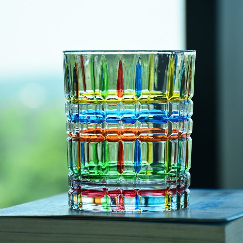 高级有质感手绘玻璃杯剑纹威士忌酒杯意大利设计编织方块彩绘水杯