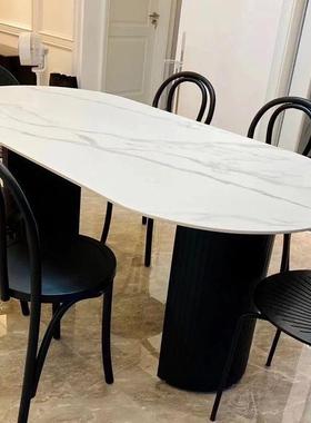 现代简20282约黑色椭形饭桌家用小型户奢餐厅轻网红款圆奶油风岩