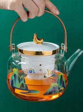 围炉煮茶壶提梁壶高硅玻璃茶壶体胡桃木把煮茶茶77212壶硼双胆蒸