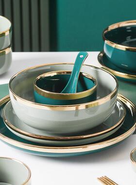 欧式高号档创IOR套意混搭纯色金边陶用瓷碗碟盘勺大面碗家送礼装