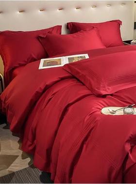 简约结婚酒红色10790支长床单棉婚庆四绒件套0婚嫁喜被纯棉床上用