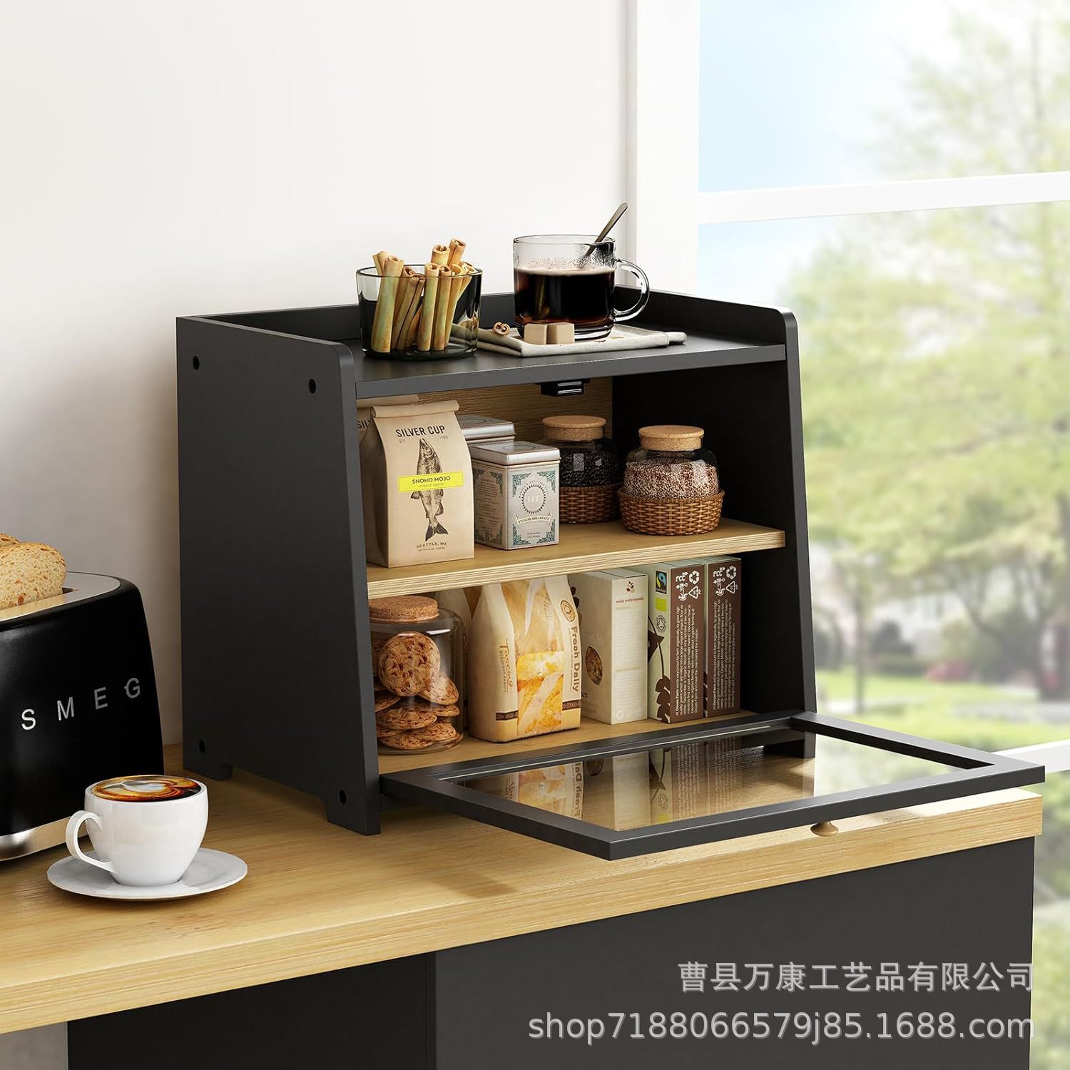 竹制桌面双层透明面包收纳箱
