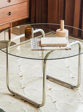 架圆形钢化玻小茶璃几不锈钢支带滑脚垫简约客厅78310防沙发边几