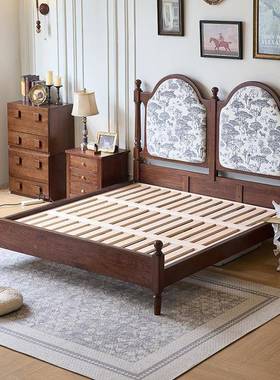 木全实木床法式复1.5米NTMY-G3018.双人床中古风软古包靠背红橡床