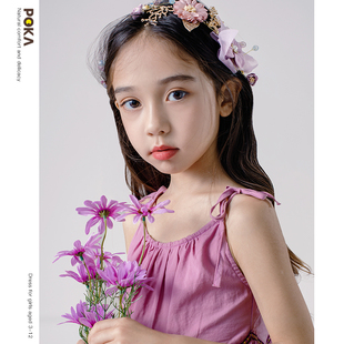 女童连衣裙2021新款夏中大童洋气紫色公主裙沙滩裙纱裙雪纺吊带裙