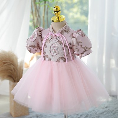 女童高端礼服洋气公主裙唐装粉色蓬蓬纱周岁生日钢琴表演走秀中式