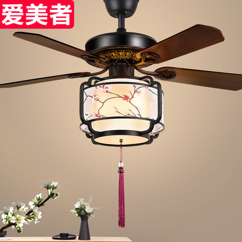 中式吊扇灯木叶风扇灯家用电扇吊灯餐厅客厅茶室复古传统灯扇一体