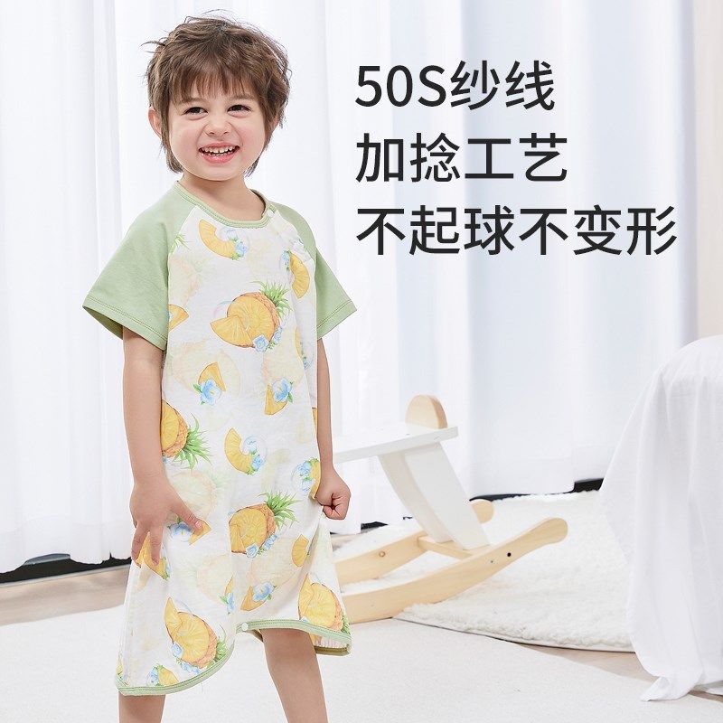 贝谷贝谷婴儿睡袋夏季薄款宝宝短袖竹棉纱布儿童睡裙空调服防提被