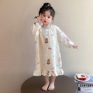 女童睡裙纯棉2025新款长袖女孩女宝宝透气儿童纱布睡衣春秋家居裙