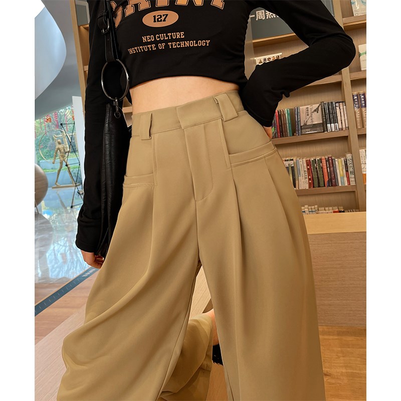 卡其色阔腿裤女春秋高腰显瘦直筒梨型身材裤子休闲西装拖地裤夏