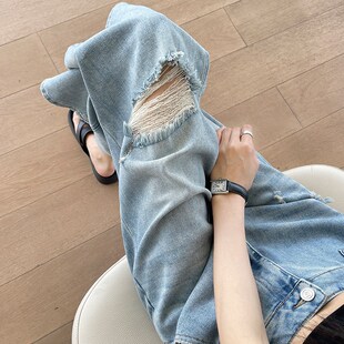 高腰破洞阔腿牛仔裤女小个子夏季薄款显瘦宽松七八分窄版直筒裤子