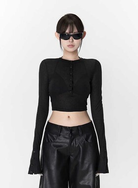 PEMPL微透半开领单排扣短款长袖T恤女秋季新款修身显瘦百搭上衣潮