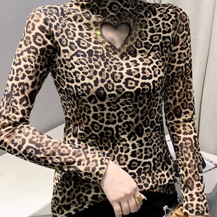 半高领加绒打底衫女秋冬时尚豹纹网纱长袖T恤紧身内搭上衣小衫潮
