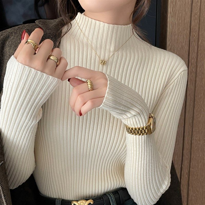 红色针织毛衣女2024新款半高领打底衫秋冬内搭高级感修身洋气上衣