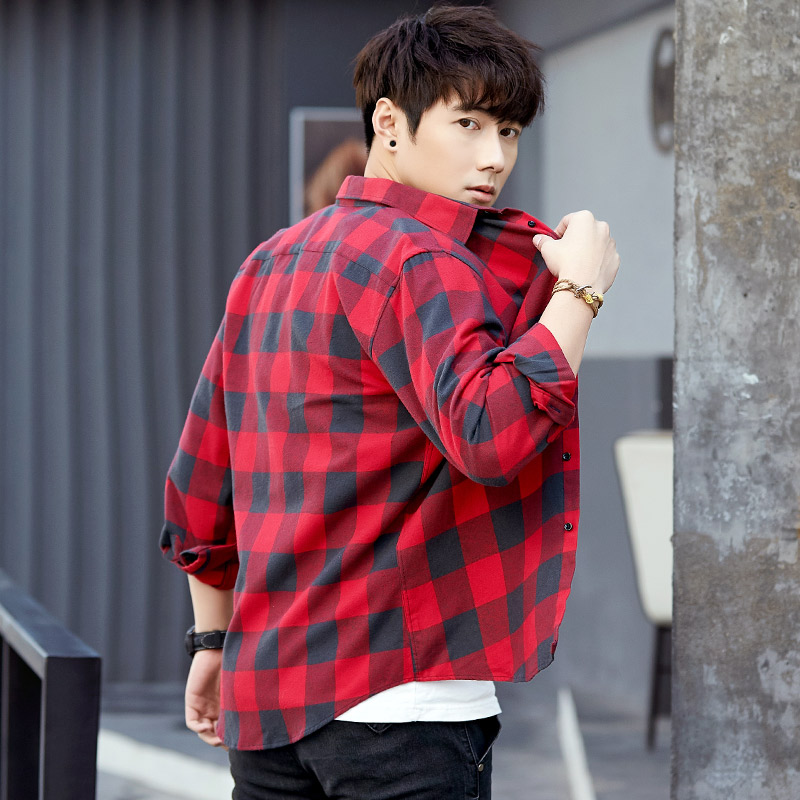 2021新款春秋格子衬衫男加厚衬衫纯棉磨毛秋季长袖衬衣修身潮外套