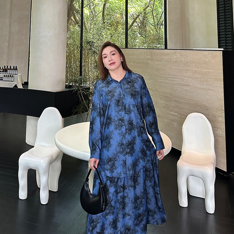 早秋炫花两件套大码女装2024秋季新款胖mm衬衫半身裙宽松复古套装