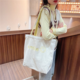 小白兔几日系毛球肩带刺绣笑脸大容量帆布包学生上课单肩包购物袋