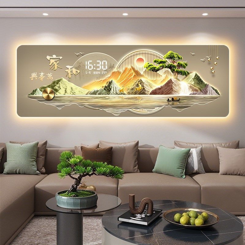 日照金山客厅装饰画轻奢高级感带钟表沙发背景墙挂画创意时钟壁灯,家居饰品,现代装饰画,淘宝优惠券,粉丝福利购,淘宝优惠卷