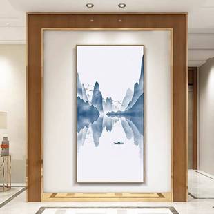 新中式山水画入户玄关装饰画走廊墙壁画竖版挂画玄幻晶瓷过道客厅