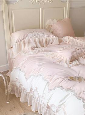 式公主风53140支长棉四粉件套法纯棉色刺绣蕾绒丝被套床上用品