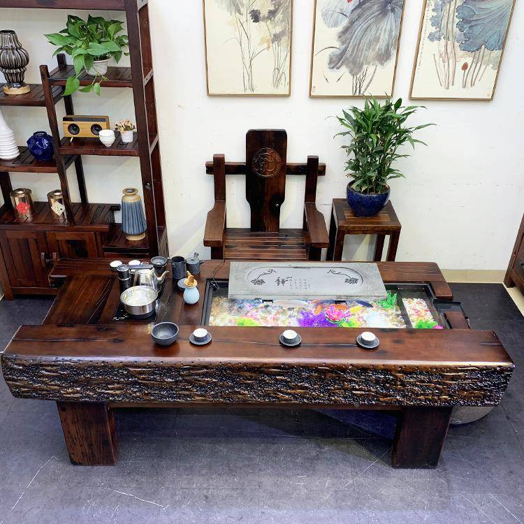 老船茶桌椅LUQ组合循环流养鱼茶台木鱼中式实木功水夫泡茶桌缸茶