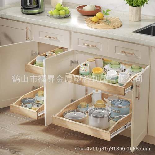 木FS-00118质两层收纳架创意滑动式柜橱整理厨房双层架味品架实木