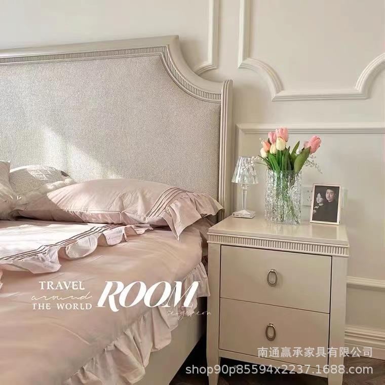 美式轻.奢实木床后现代简约AWY雕床头柜法式古18刻m主卧复软包双
