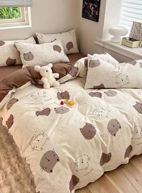 全2025纯棉棉磨毛床上用品四被套床单宿舍套三件套床笠HKL冬件季