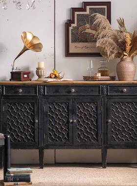 CDS式中古做旧家具年代感古建筑装典饰餐边新柜实木储物柜黑色玄