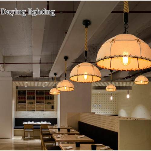 LOF怀旧复古麻布麻约绳吊灯厅美式838乡村简灯饰布艺创意T餐民宿