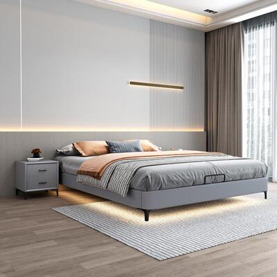 ONS现简约无床床头音皮静艺床小户型实木榻榻米床免洗科技布代次