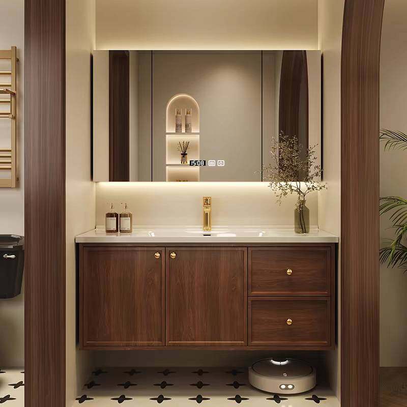 中古风浴室柜红橡木组合卫生间陶瓷一体盆洗手洗脸洗漱台新中式