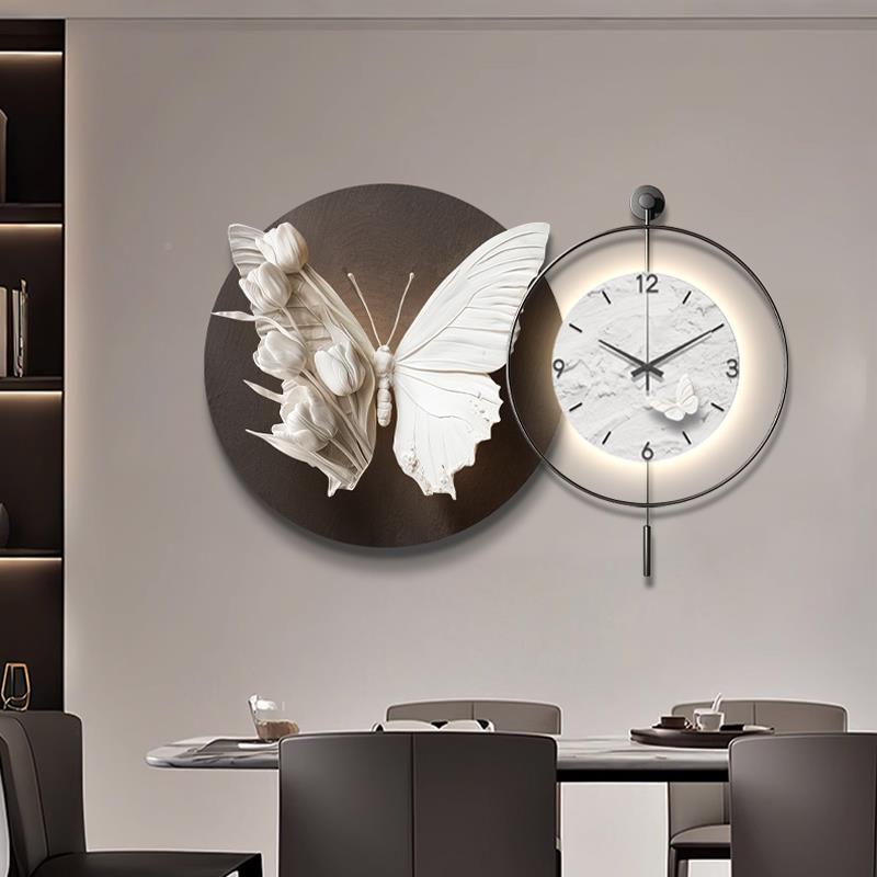 蝶餐厅装饰蝴画表高级感客厅轻背景墙挂钟现代J636奢肌理感花卉钟