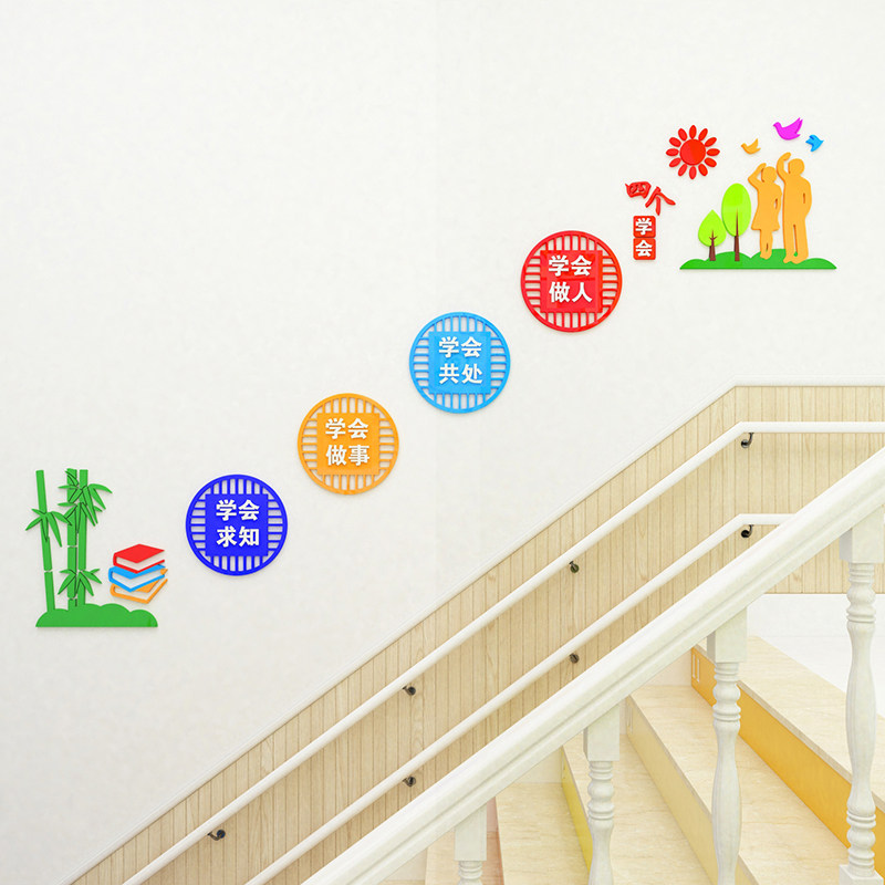四个学会校园文化墙楼梯道布置美化小学校幼儿园3D压克力立体壁贴图片