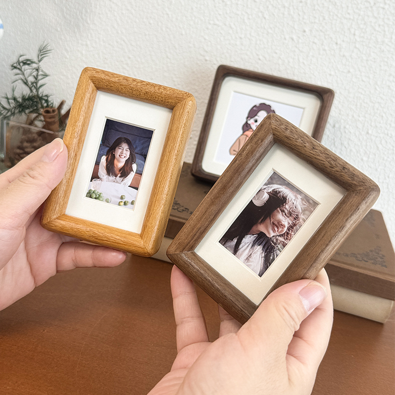 迷你拍立得实木桌面榫卯小相框摆台正方形三寸5 6寸diy打印照片框