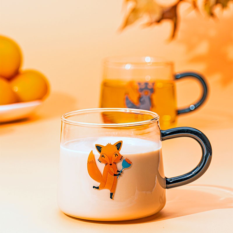 凉小词小狐狸高硼硅带把手玻璃杯可爱透明奶茶杯燕麦杯牛奶早餐杯