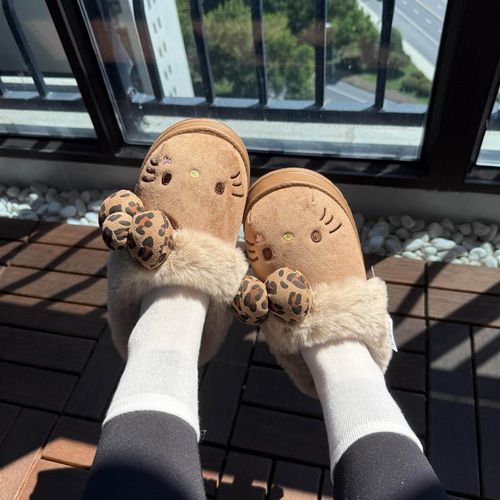 豹纹小猫毛毛拖棉拖鞋冬家居室内外穿厚底增高防滑毛绒保暖舒适