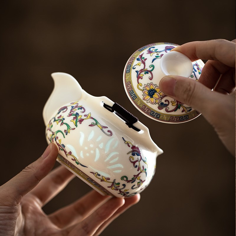 玲珑手抓壶盖碗茶杯青花功夫旅行茶具套装高档大号防烫家用茶碗