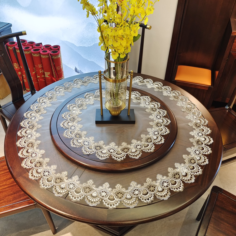 高端 私人定制圆形奢华网纱蕾丝桌布餐桌茶几空调盖巾布艺大圆桌